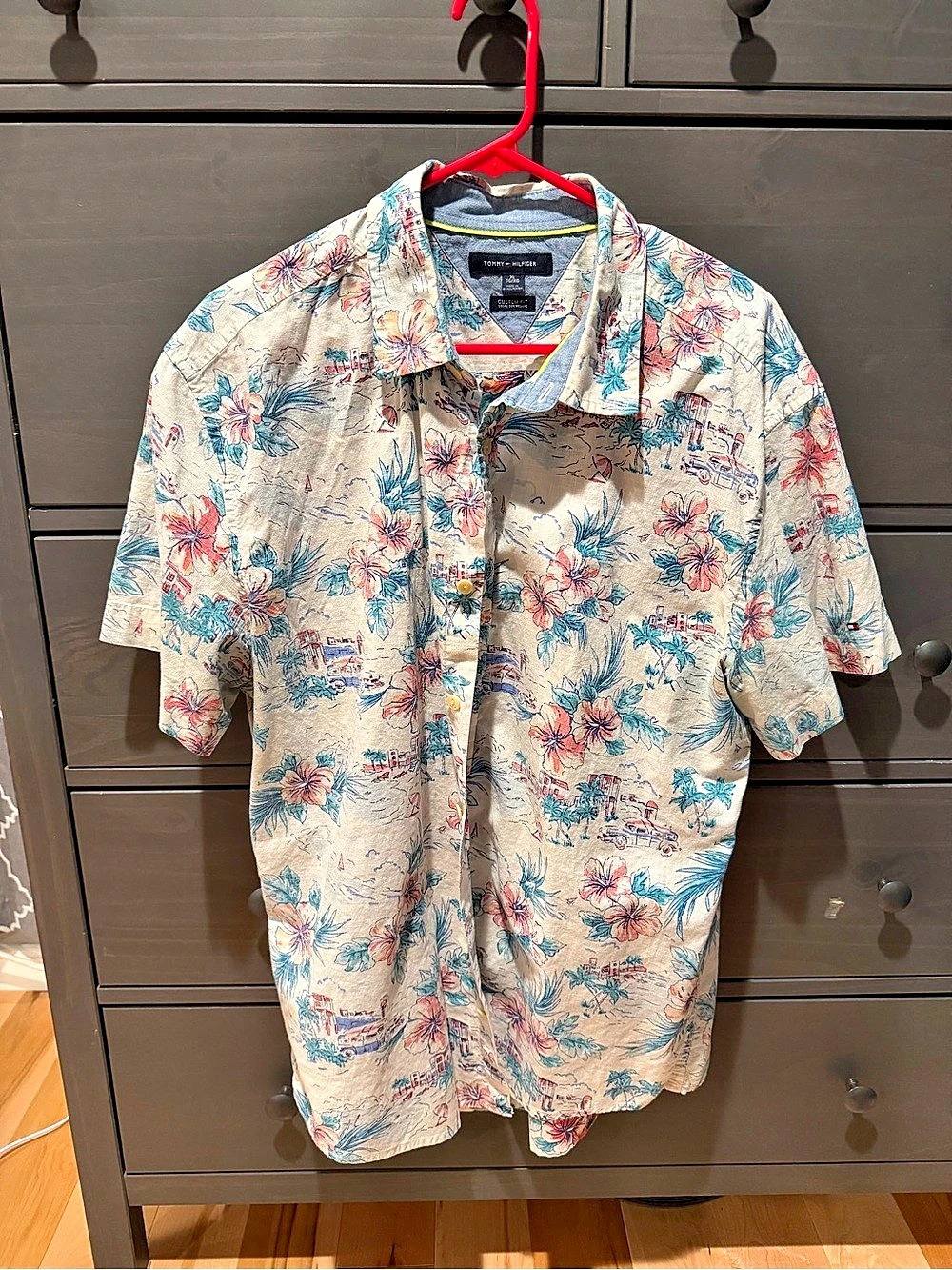 Tommy Hilfiger Custom Fit Shirt Floral Casual Shirt in Beige & Blue Size XL